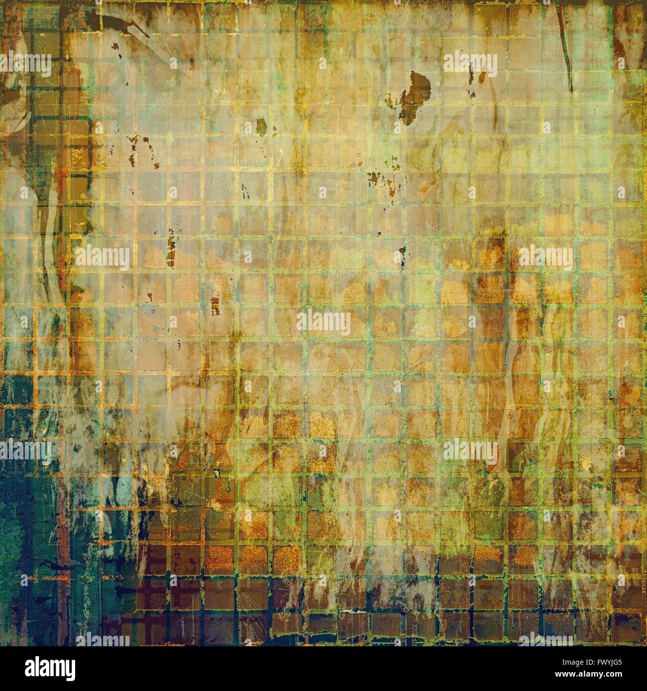 Distressed grunge texture avec incrustation en haillons. Toile froissé avec différents motifs couleur : jaune (beige) ; Brown ; vert ; bleu Banque D'Images