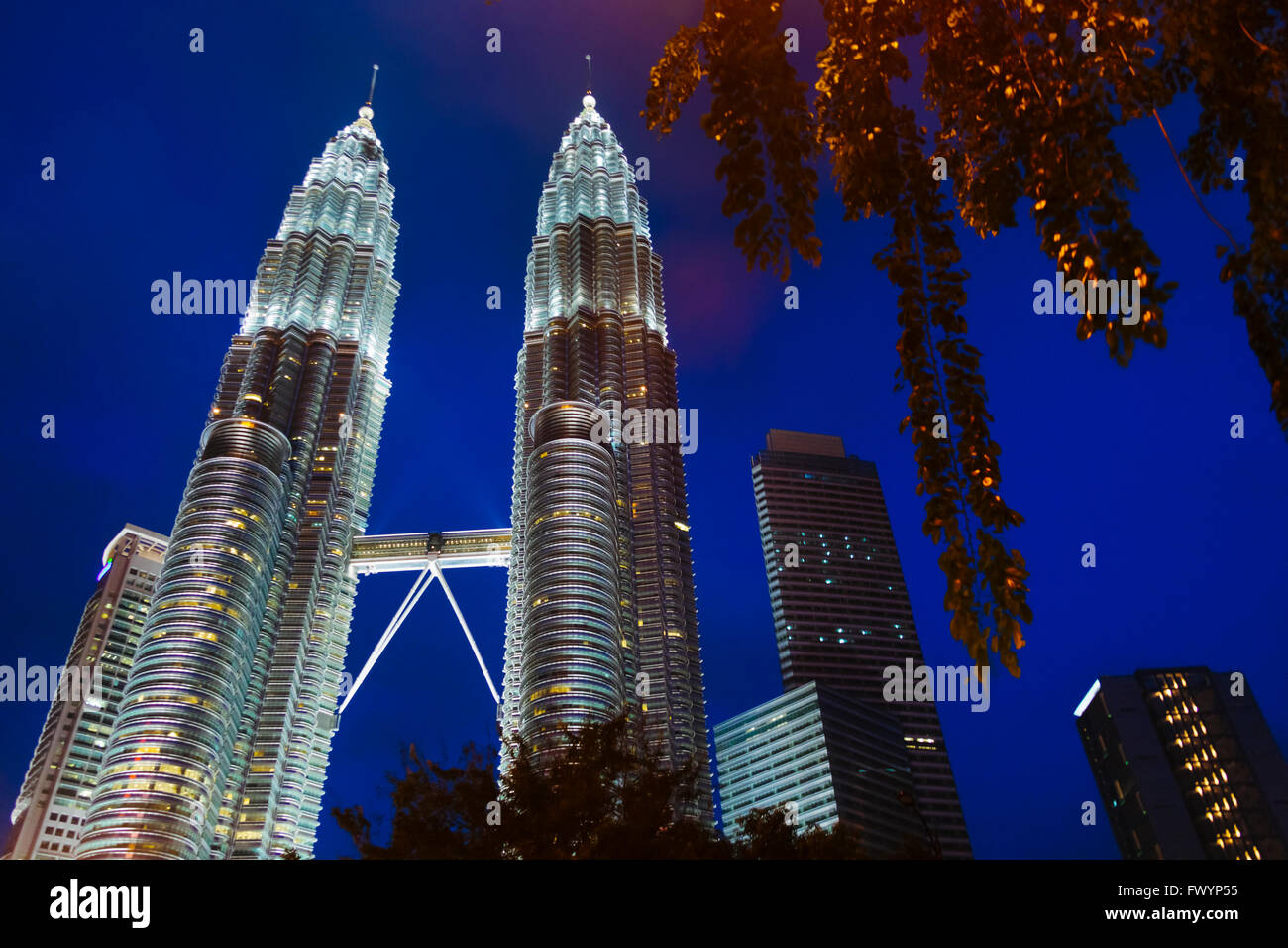 Vue de nuit sur les tours jumelles Petronas, à Kuala Lumpur, Malaisie Banque D'Images