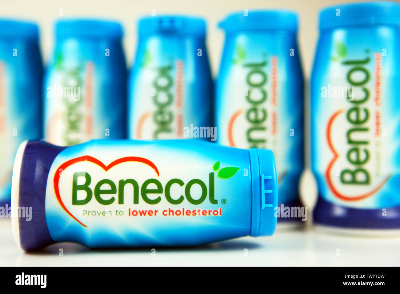 Benecol est un produit alimentaire pour diminuer le cholestérol appartenant à la propriété d'une société finlandaise du groupe Raisio Banque D'Images