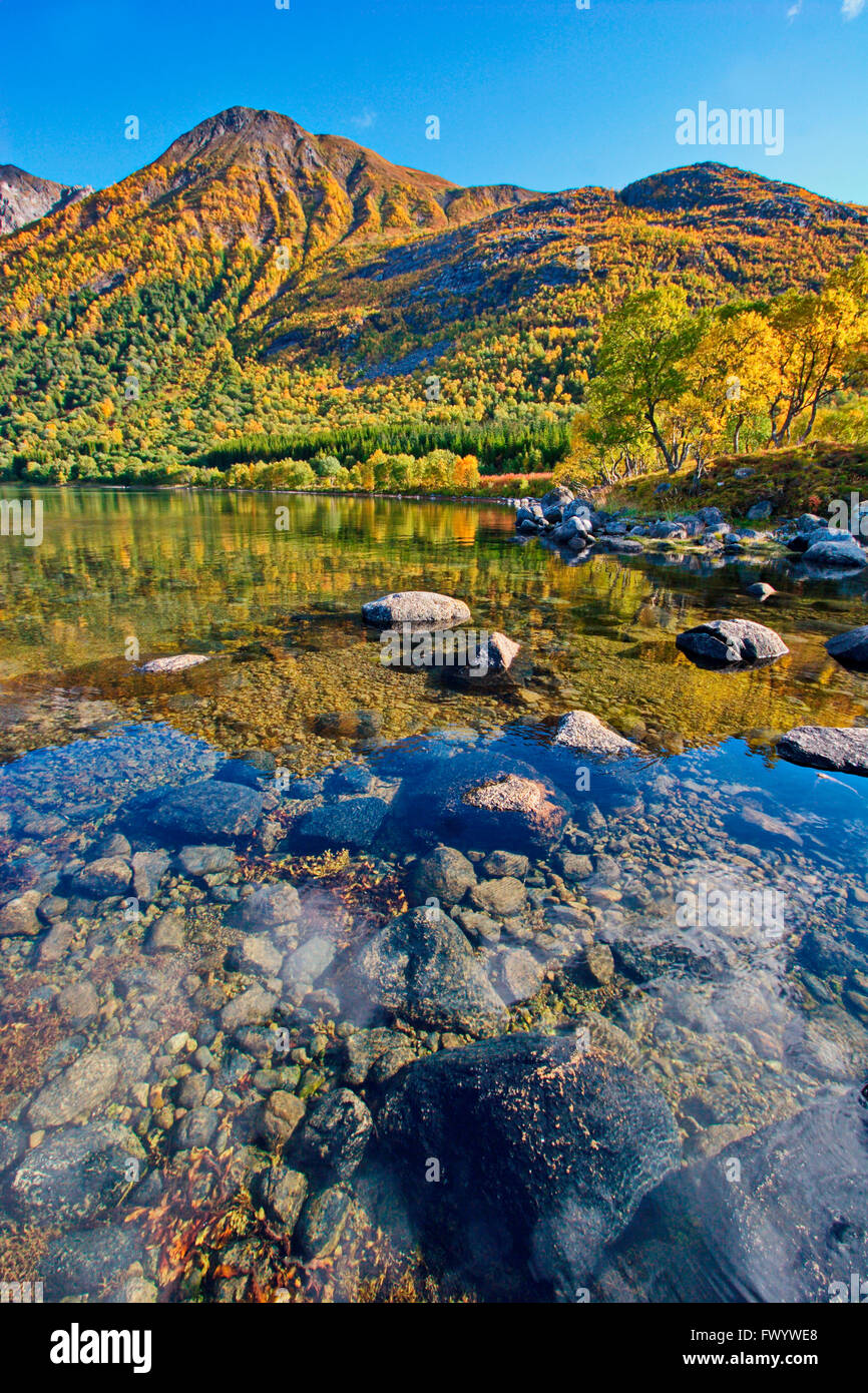 Austerfjorden Revsves Hinnøya près de sur l'île du nord de la Norvège sur une belle journée d'automne. Banque D'Images
