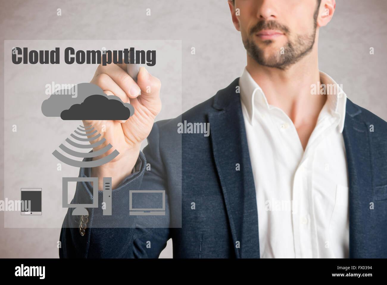 Dessin homme computer concept cloud sur verre, isolé en gris Banque D'Images