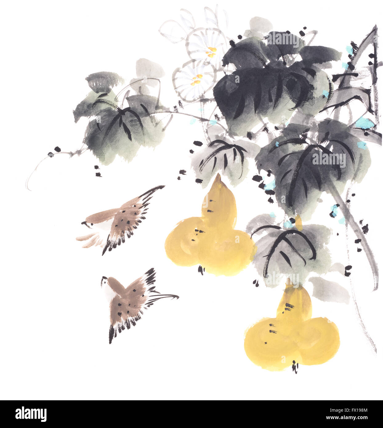 La peinture traditionnelle de style chinois - gourd et d'oiseaux Banque D'Images