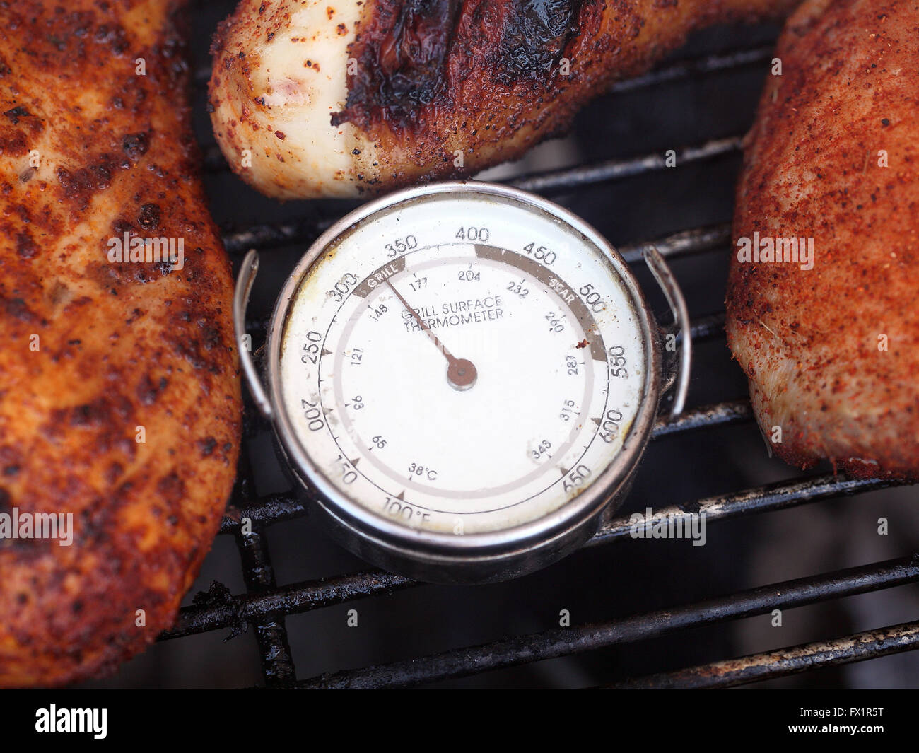 Morceaux de poulet cuisson Grill Thermomètre de surface environnantes Banque D'Images