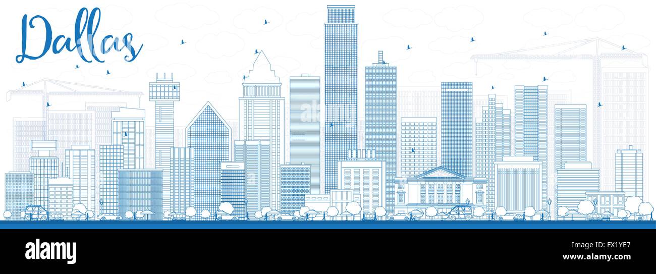 Contours Dallas Skyline bleu avec les bâtiments. Vector Illustration. Les voyages d'affaires et tourisme Concept avec des bâtiments modernes. Illustration de Vecteur