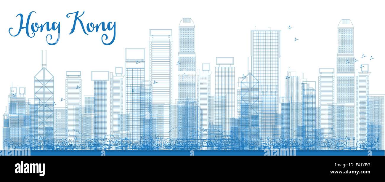 Contours d'horizon de Hong Kong avec des gratte-ciel bleu et taxi. Vector illustration. Les voyages d'affaires et tourisme concept Illustration de Vecteur