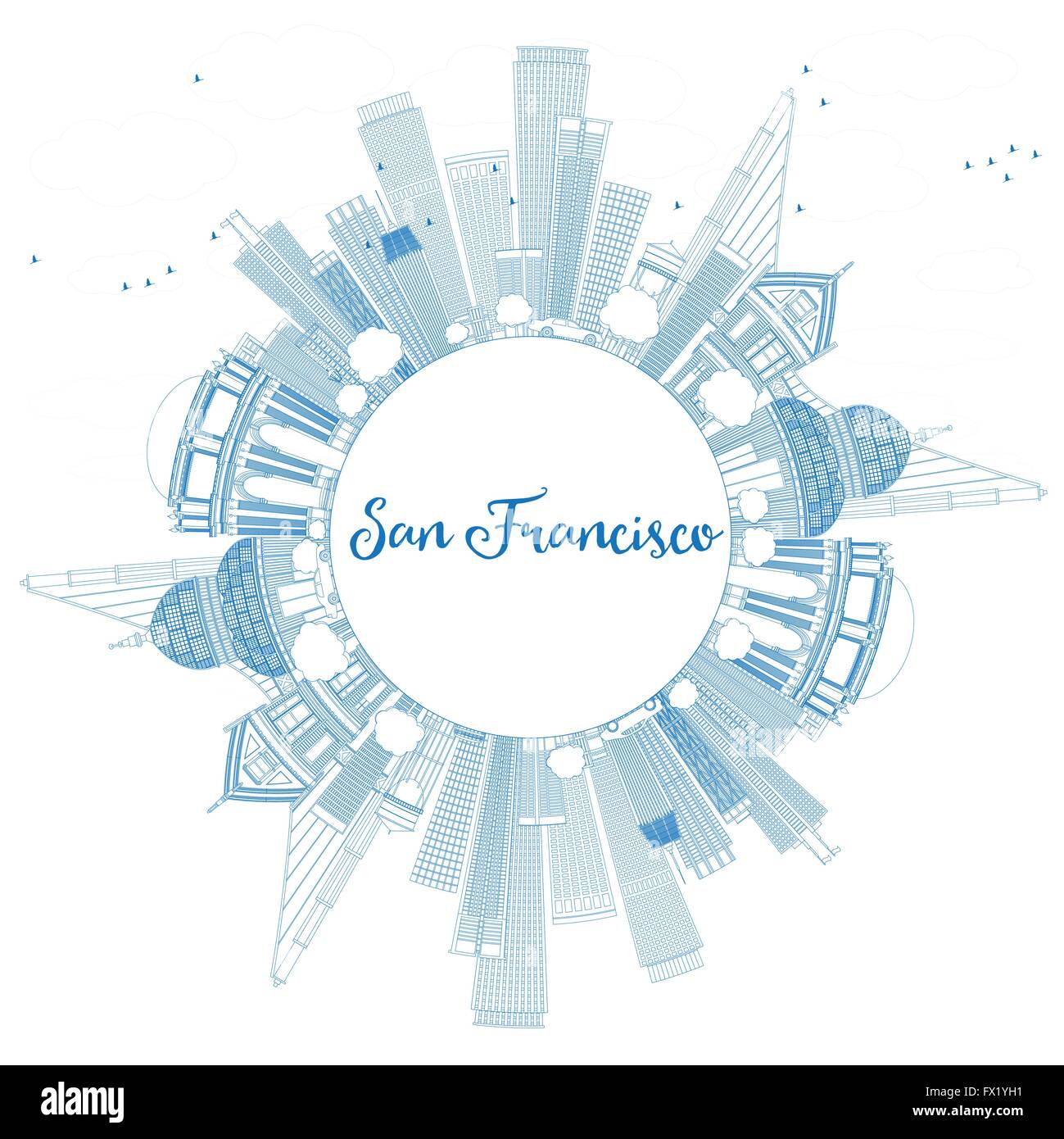 San Francisco contour bleu horizon avec les bâtiments. Vector Illustration. Les voyages d'affaires et tourisme Concept avec copie Espace. Illustration de Vecteur