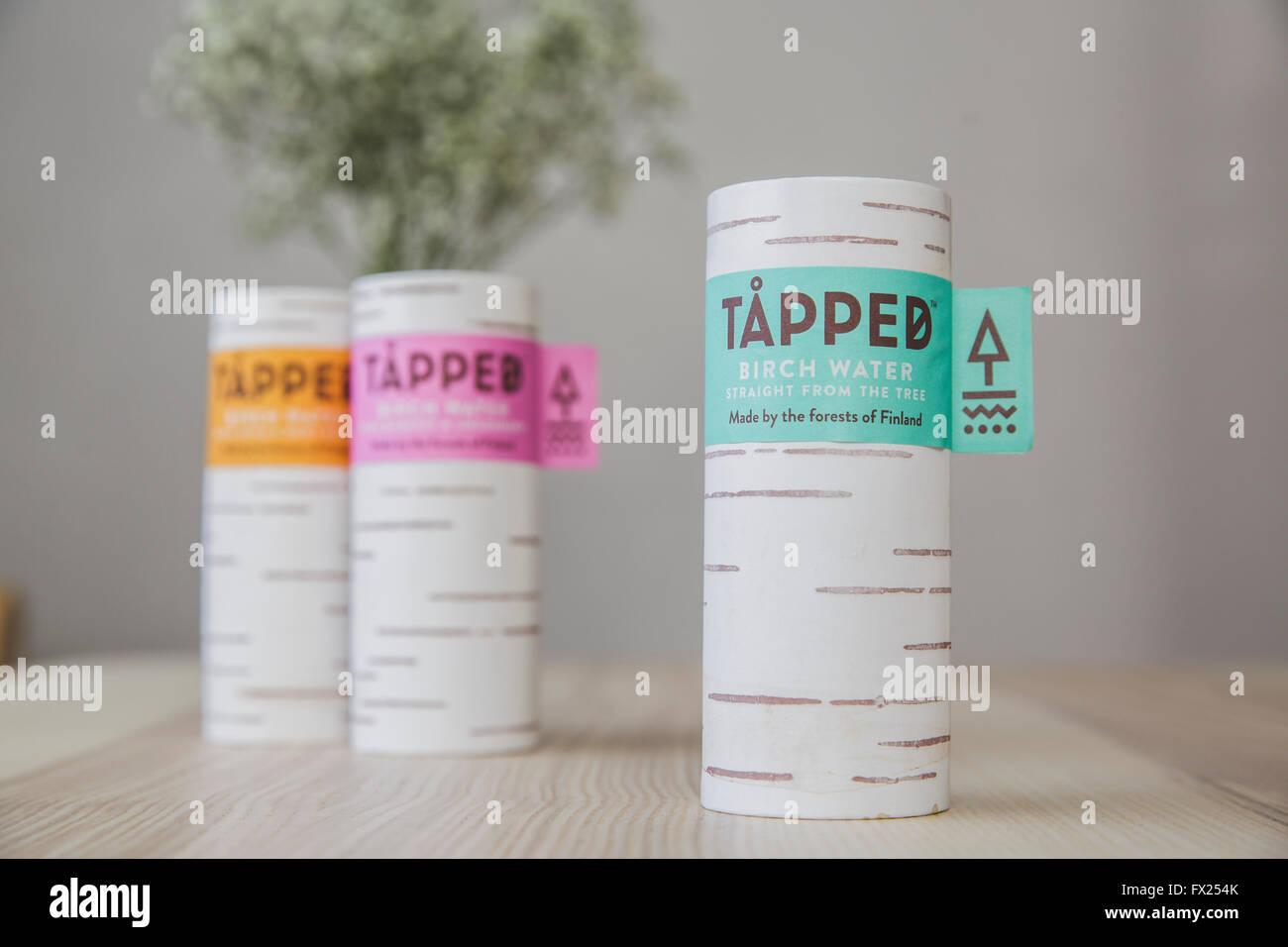 Cartons d'eau de bouleau taraudé sur une table de cuisine en bois d'une lumière naturelle. Banque D'Images