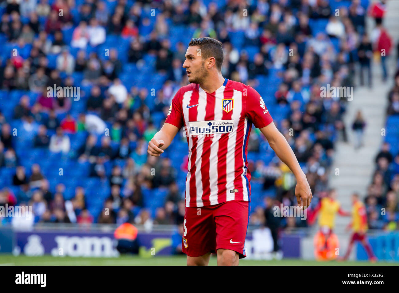 Barcelone, Espagne. Le 9 avril, 2016. Koke Resurreccion joue au match de la Liga entre l'Espanyol et de l'Atlético de Madrid au stade de Powerade, le 9 avril 2016 à Barcelonal, Espagne. Crédit : Christian Bertrand/Alamy Live News Banque D'Images