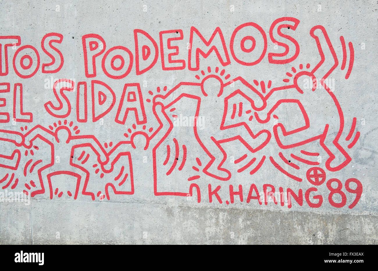 Nouvelle fresque Keith Haring CONTRE LE SIDA(SIDA),à côté du MACBA, Barcelone,Espagne,Catalogne,l'Europe. Banque D'Images