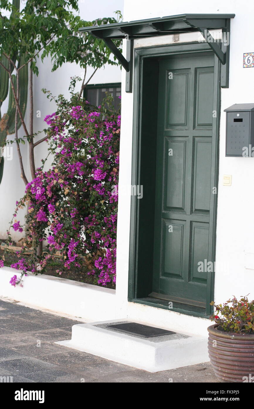 Vue latérale d'une porte en bois lambrissé vert maison sur une rue espagnole à Lanzarote Espagne, belle plante fleurs cerise / bush, home sweet home concept Banque D'Images