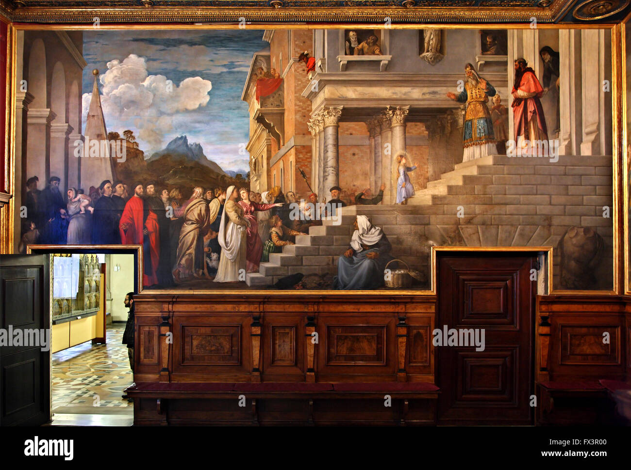 "La présentation de la Vierge' (1534-1539) par Tiziano (Titien) dans la Gallerie dell'Accademia, Venise, Italie. Banque D'Images