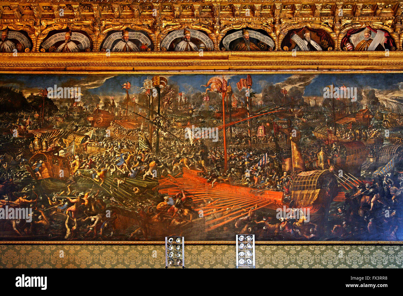 'La bataille de Lépante" par Andrea Vicentino dans la Salla dello Scrutinio, Palais des Doges, Venise, Vénétie, Italie. Banque D'Images