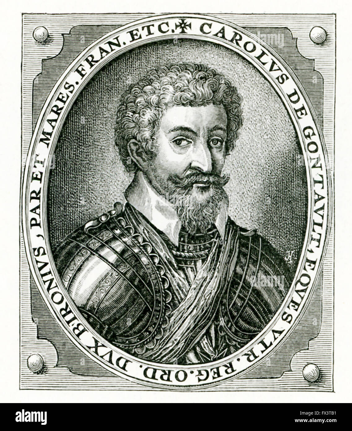 Charles de Gontant-Biron (1562 -1602) a servi de Marshall, de France. Cette gravure date de 1602. Gontant-Biron était un soldat français qui se sont battus pour les dirigeants de la France contre la Ligue catholique. Plus tard, il est aligné avec l'Espagne. Son but était de diviser la France et prendre pour lui le domaine de Bourgogne qu'il ferait dans un royaume. Pour ses actions, il a décapité à la Bastille. Il a servi de base pour le personnage de Berowne dans Shakespeare Love's Labour Lost. Banque D'Images