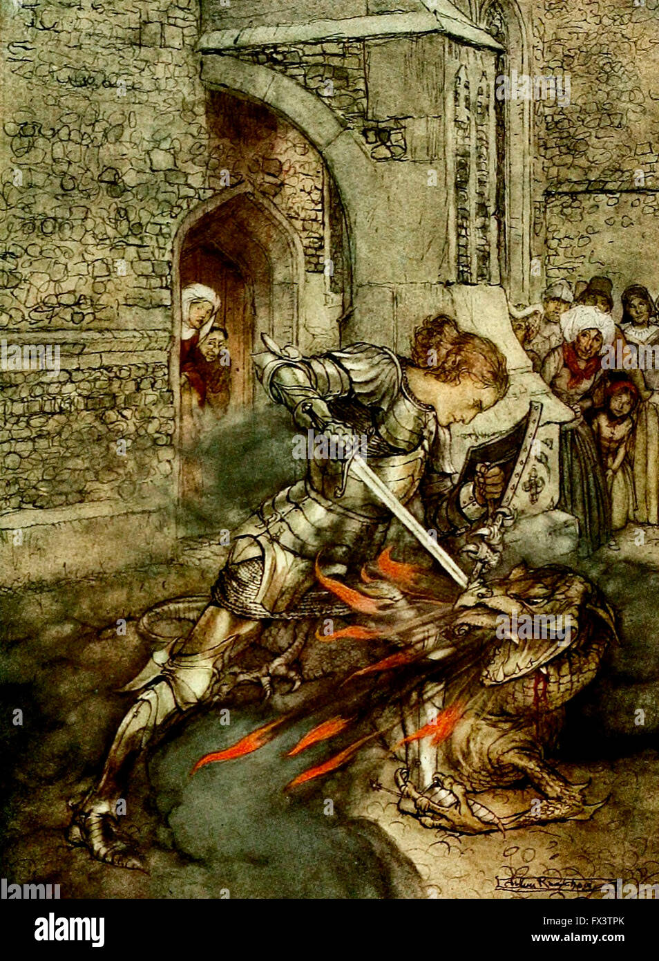 Comment Lancelot se sont battus avec un dragon aimables. King Arthur's Chevaliers de la Table ronde Banque D'Images