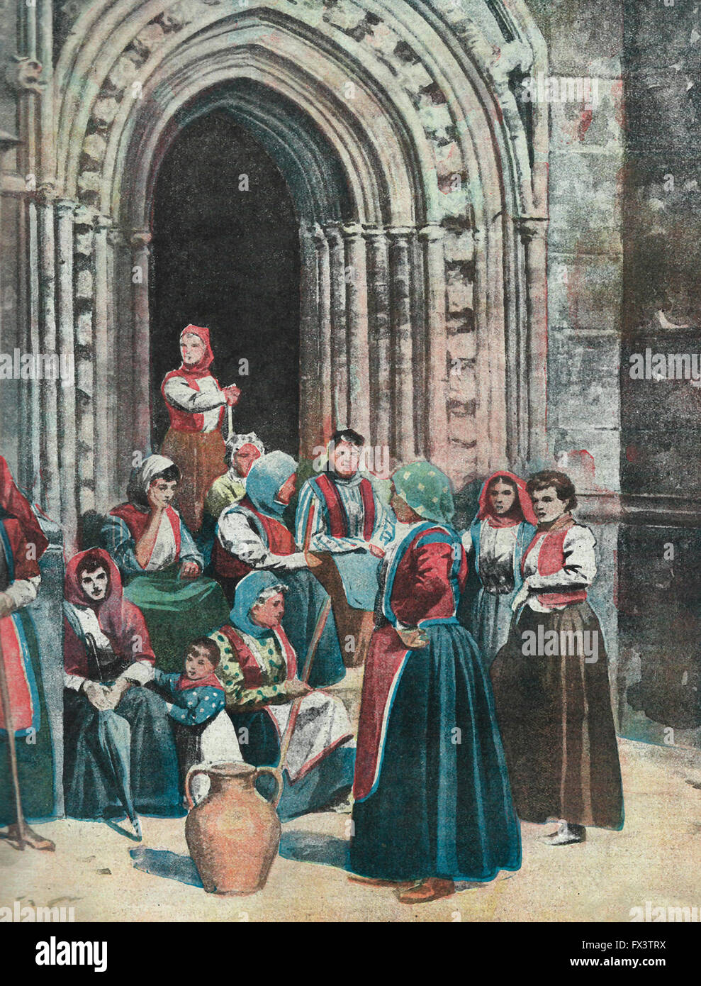 La rafraîchissante épouses d'Ittiri , debout devant le Pieve et protègent leur curé qui doit être retiré 1913 Banque D'Images