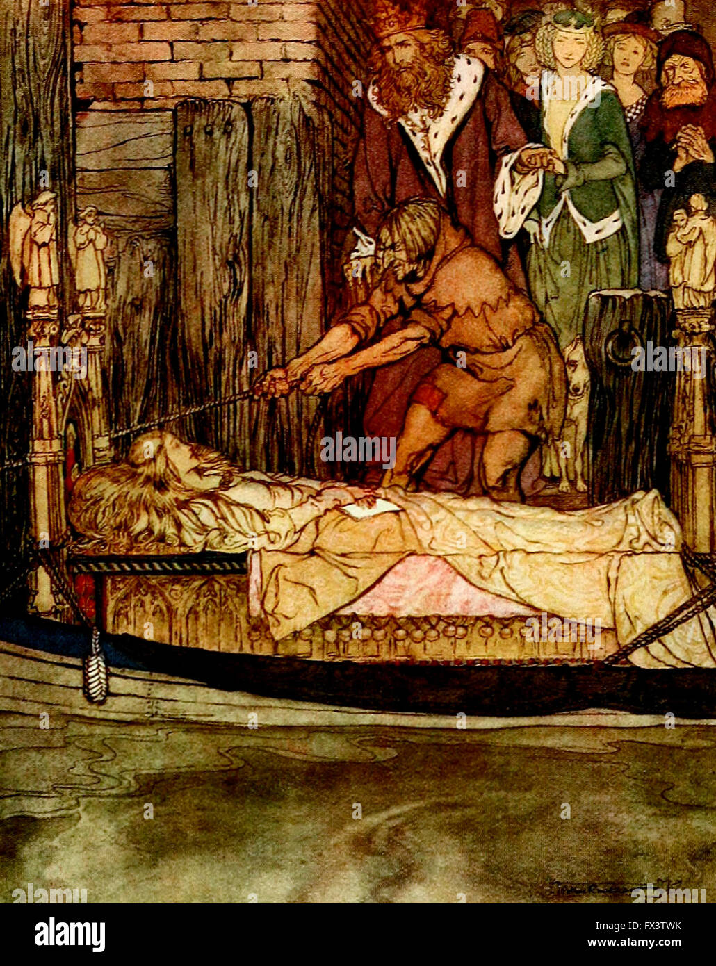 Comment le Roi Arthur et la Reine Guenever est allé voir la barge qui portait le cadavre de la jeune fille d'Elaine juste Astolat, King Arthur's Chevaliers de la Table ronde Banque D'Images