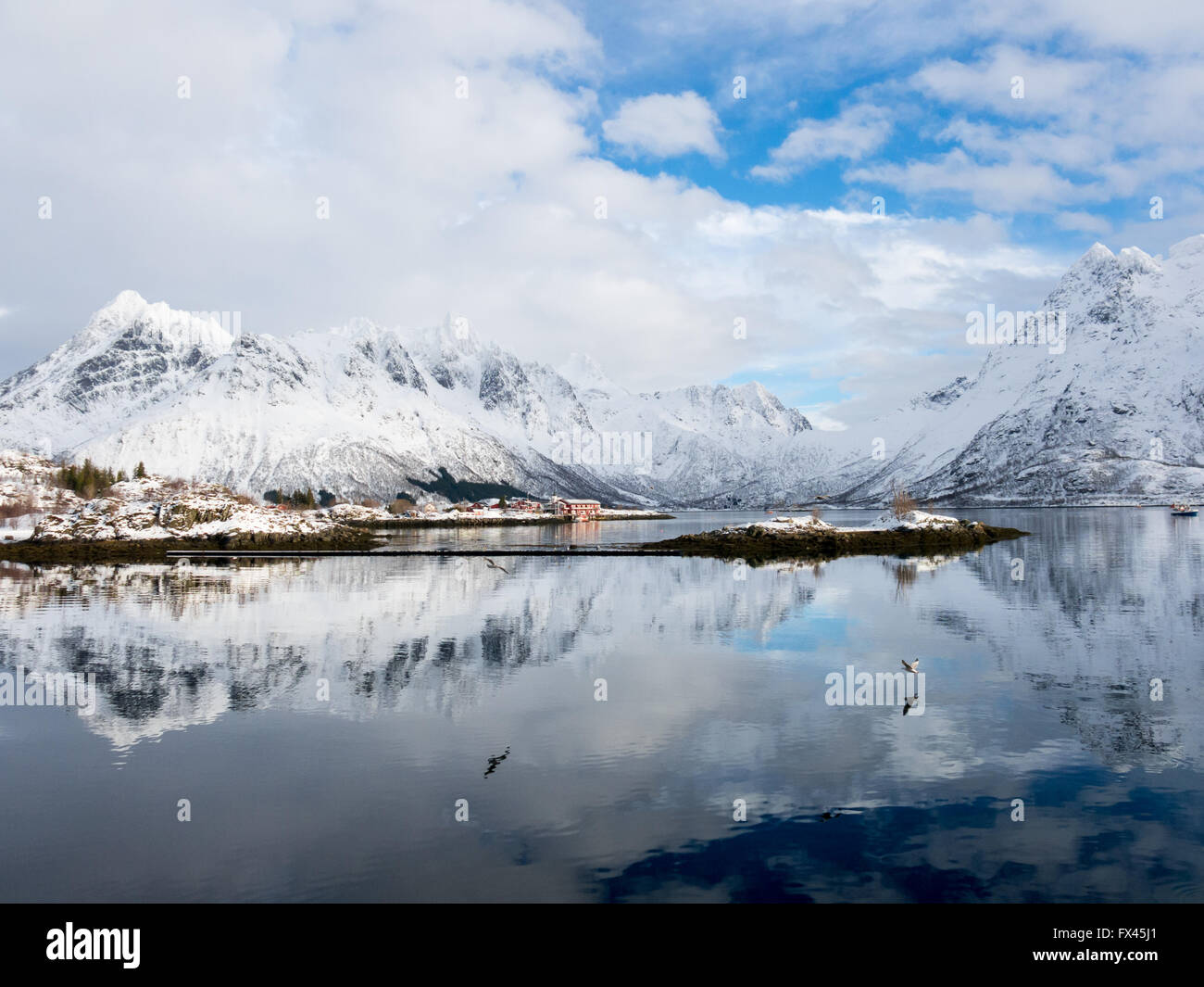 Panorama paysage d'hiver de l'Austnesfjorden Sildpollen Austvagoy, près de sur les îles Lofoten, Norvège Banque D'Images