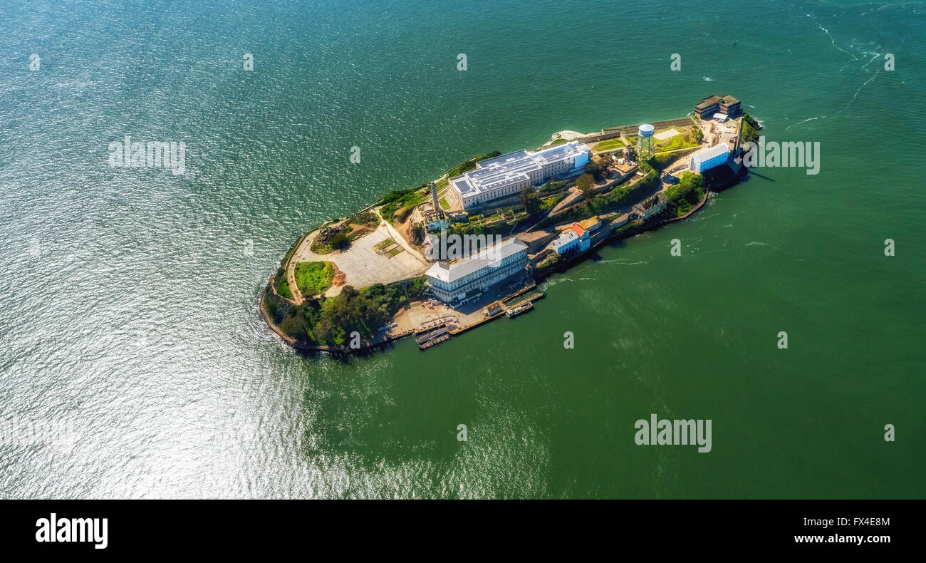 Vue aérienne, Alcatraz Alcatraz, l'Islande avec Phare, San Francisco, San Francisco, États-Unis d'Amérique, Banque D'Images