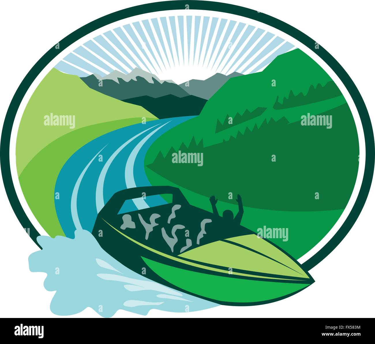 Illustration d'un excès de jetboat sur rivière avec canyon et montagne dans l'arrière-plan défini à l'intérieur de la forme ovale fait en style rétro. Illustration de Vecteur