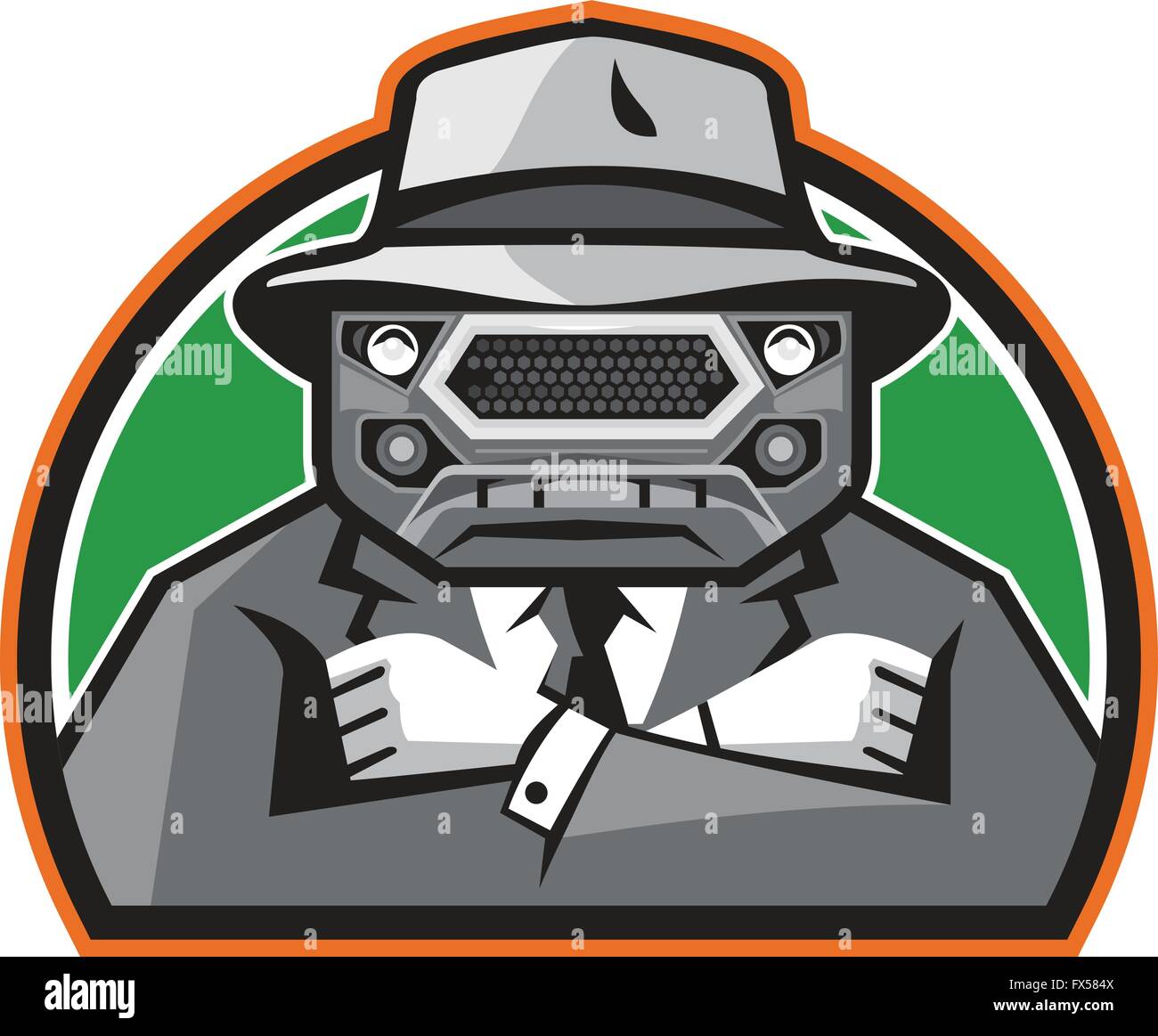 Illustration d'un gangster en colère avec auvent voiture grill face wearing hat , cravate et costume bras croisés face à l'avant fixé à l'intérieur de la moitié Illustration de Vecteur