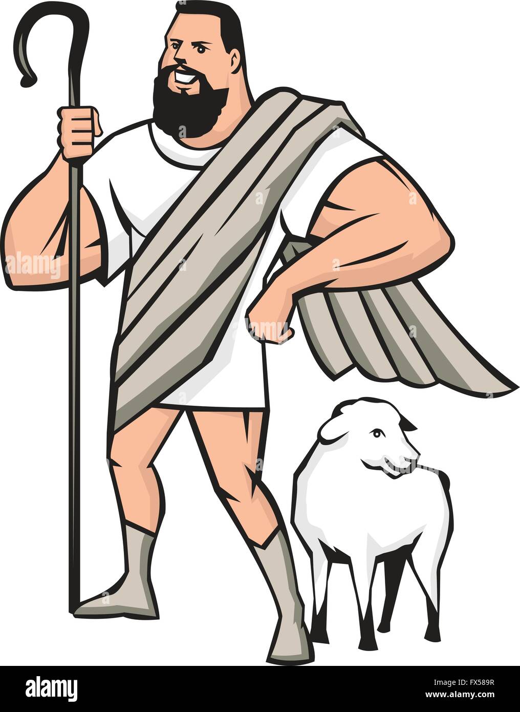 Illustration d'un super-héros de dessin animé shepherd holding Shepherd's crook et un mouton debout à côté à côté de l'isolé sur fond blanc fait dans un style de dessin animé. Illustration de Vecteur