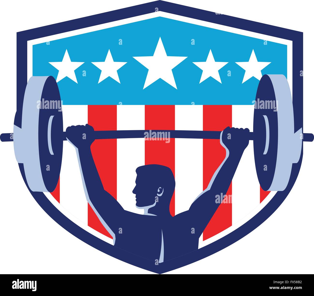 Illustration d'un barbell levage haltérophile à la recherche sur le côté vue de l'arrière de l'écran à l'intérieur set crest avec USA flag stars Illustration de Vecteur