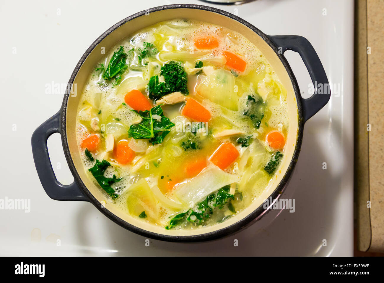 Cocotte sur un four en cours de cuisson soupe poulet et nouilles. Banque D'Images