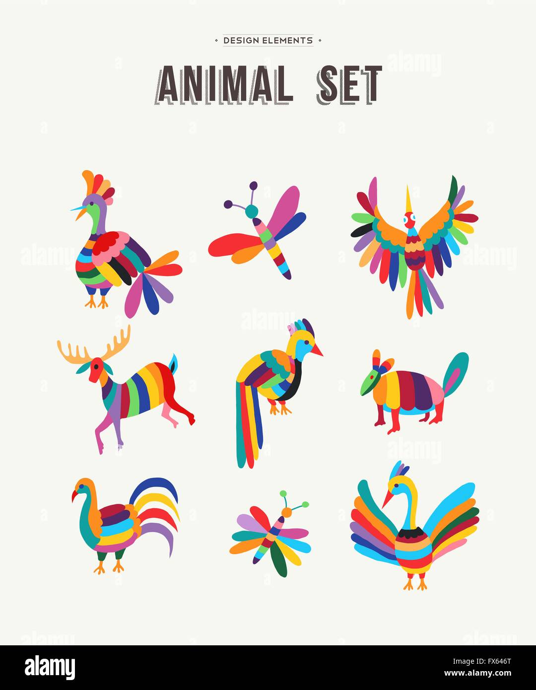 Plaisir ensemble d'animaux en design coloré pour les enfants idéal pour décoration ou icônes, les oiseaux, les insectes, les chevreuils et plus encore. Vecteur EPS10. Illustration de Vecteur