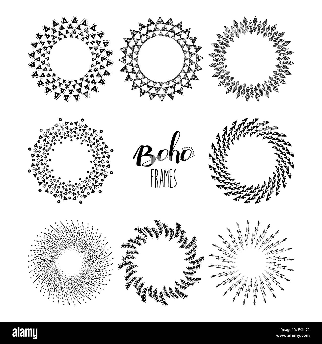 Ensemble de style Boho mandalas et images en noir et blanc avec des formes tribales. Vecteur EPS10. Illustration de Vecteur