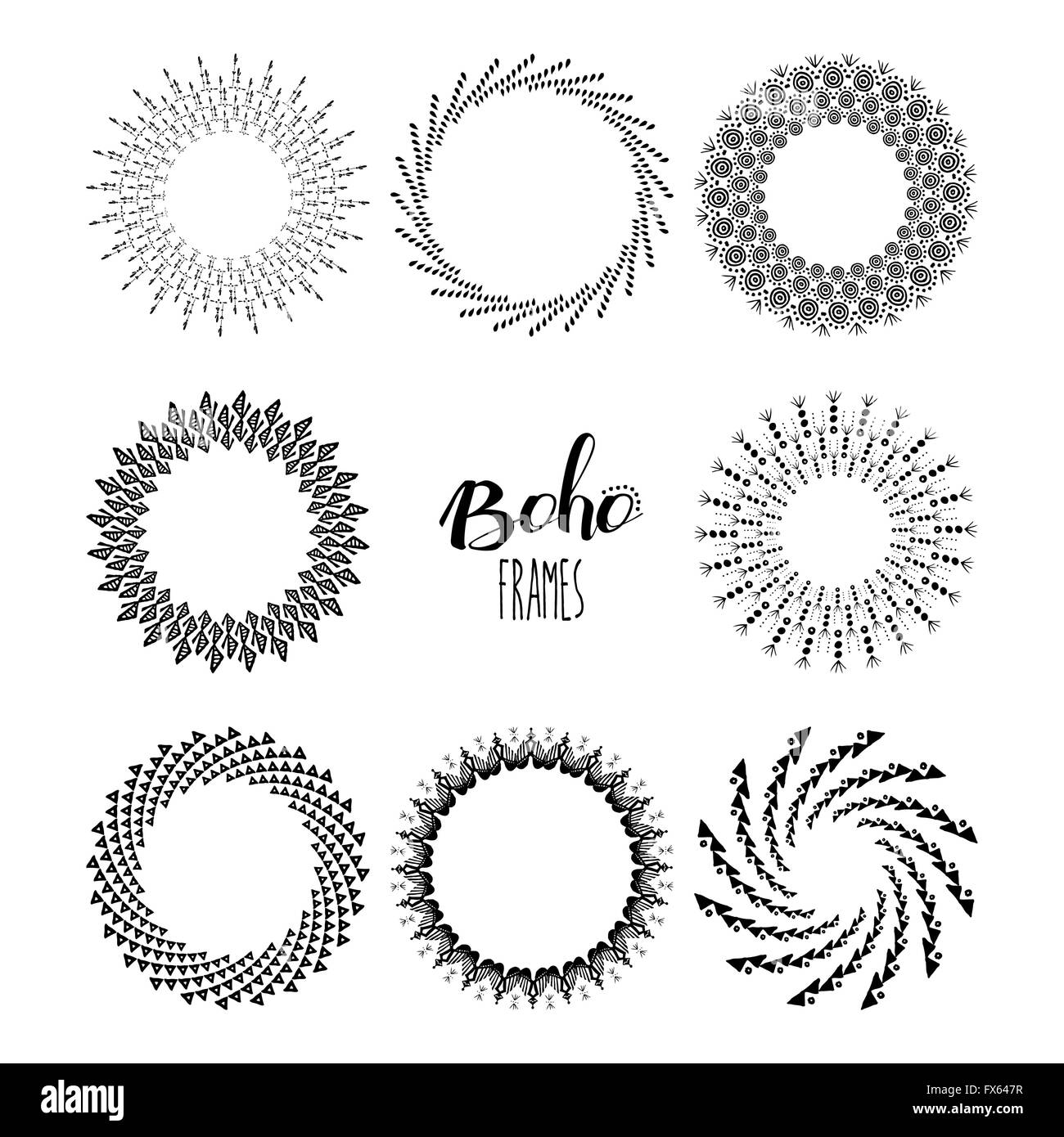 Style Boho mandala avec jeu de cadres forme tribal dessinés à la main, décoration, guirlande noir et blanc Collection. Vecteur EPS10. Illustration de Vecteur