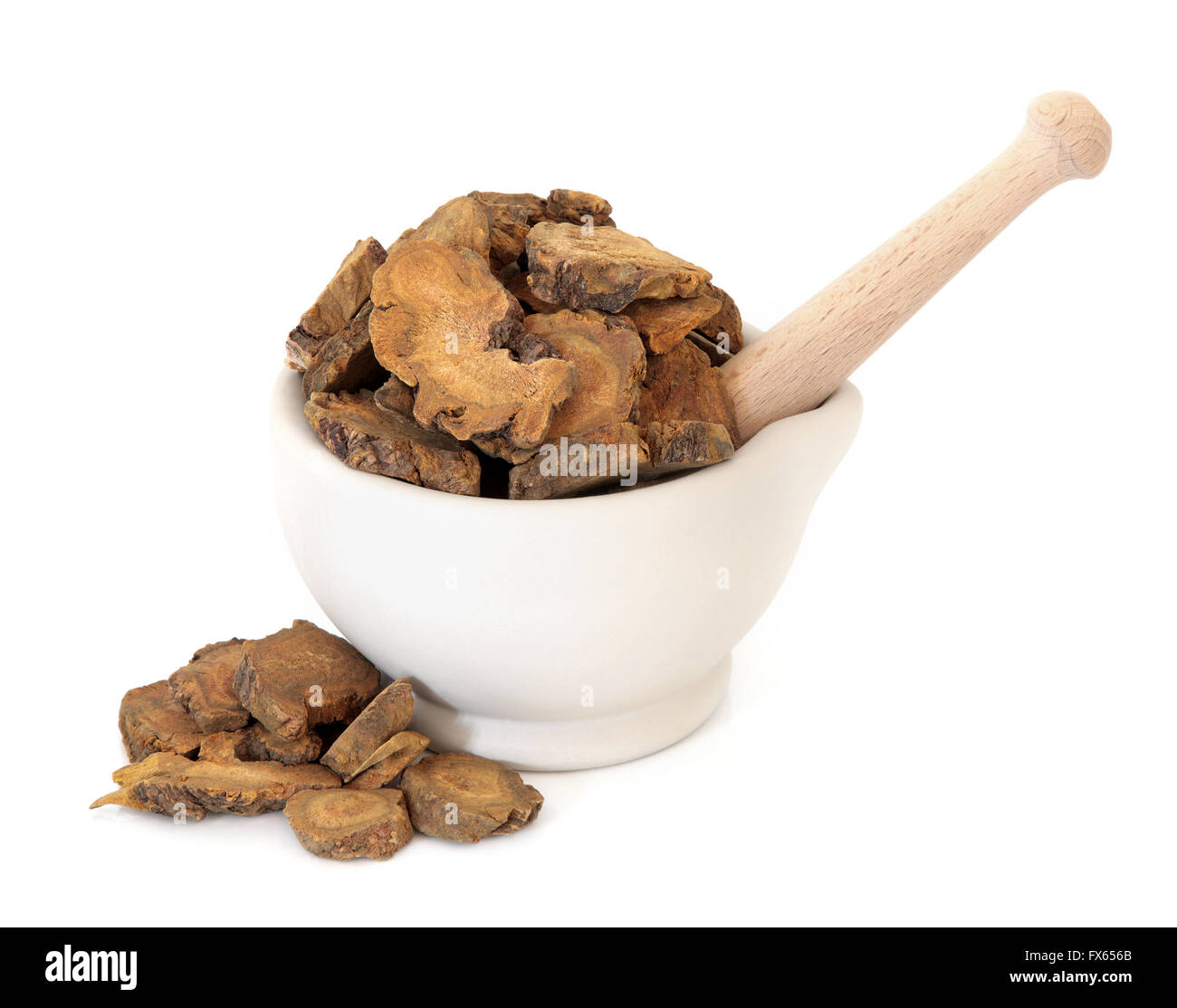 Racine de rhubarbe herbe utilisée dans la médecine de fines herbes chinoise dans un mortier avec un pilon en pierre sur fond blanc. Da huang. Rheum palmatum. Banque D'Images