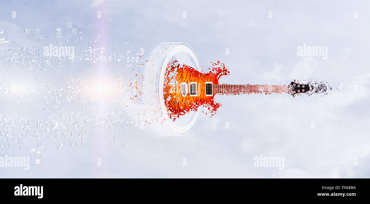 Guitare pixélisé flottant dans sky Banque D'Images