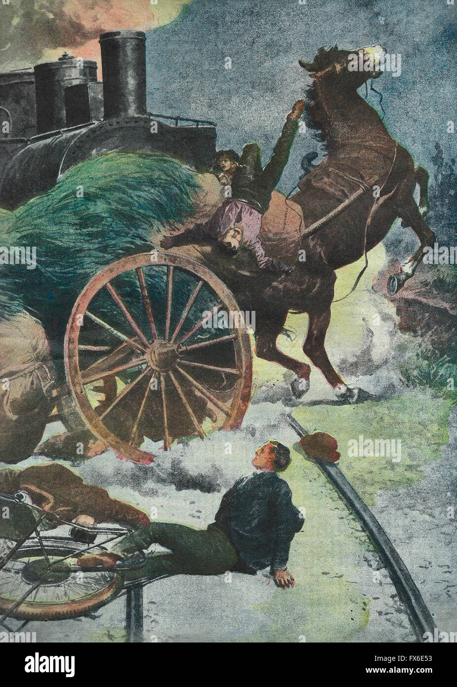 Un tramway à vapeur investit et fausse la fenêtre arrière, sur la route de Mantoue , un chariot et une moto et tue les conducteurs Banque D'Images Un tramway à vapeur investit et fausse la fenêtre arrière, sur la route de Mantoue , un chariot et une moto et tue les conducteurs Banque D'Images