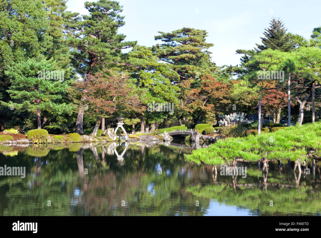 Parc jardin de style japonais, avec pont de pierre, une lanterne sur le bord du lac avec des pins verts, les arbres des feuilles d'automne Banque D'Images