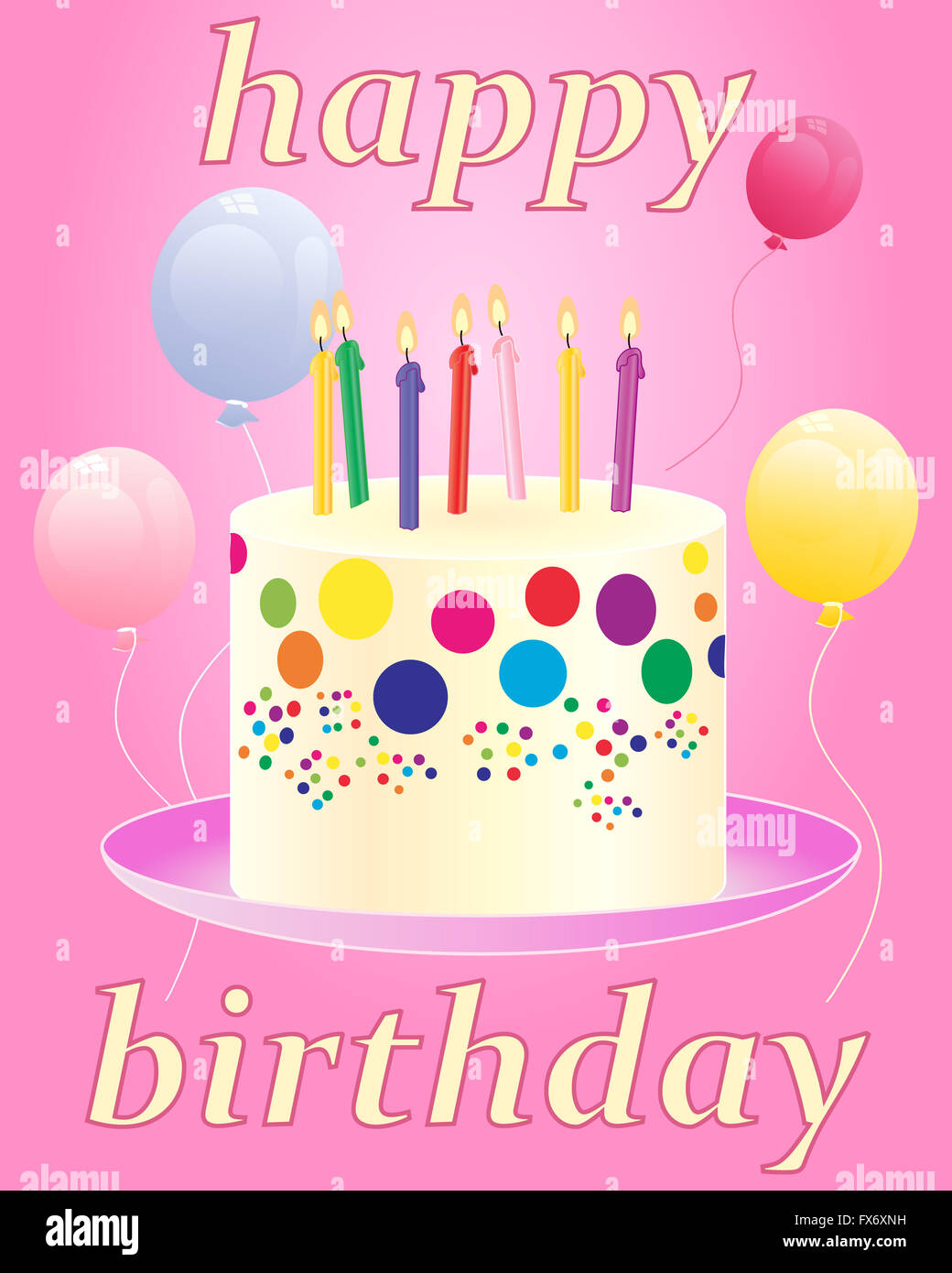 Une Illustration D Une Carte De Joyeux Anniversaire Avec Un Gateau Et Des Bougies Avec Des Ballons Sur Un Fond Rose Photo Stock Alamy