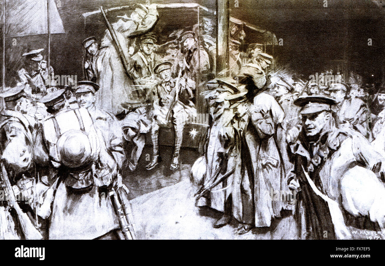 Soldats de la quitter avant de Euston moteur volontaire pour le bateau transporte les voyageurs - illustration à partir de la Grande Guerre Magazine, vol. 156, UK, vers 1917 Banque D'Images