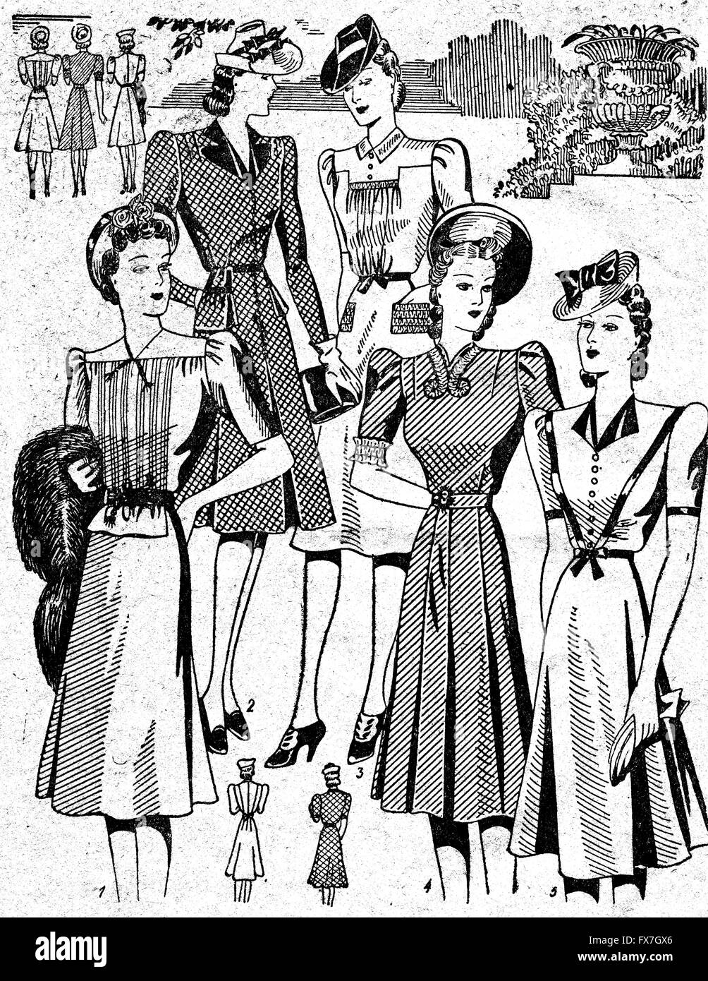 Artistes Ivanov, Muhar, Fomine, Schifrin, et Epstein - une illustration de la brochure 'Modèles de la saison." Volume 1, publié Gizlegprom, Moscou, URSS, 1941 Banque D'Images