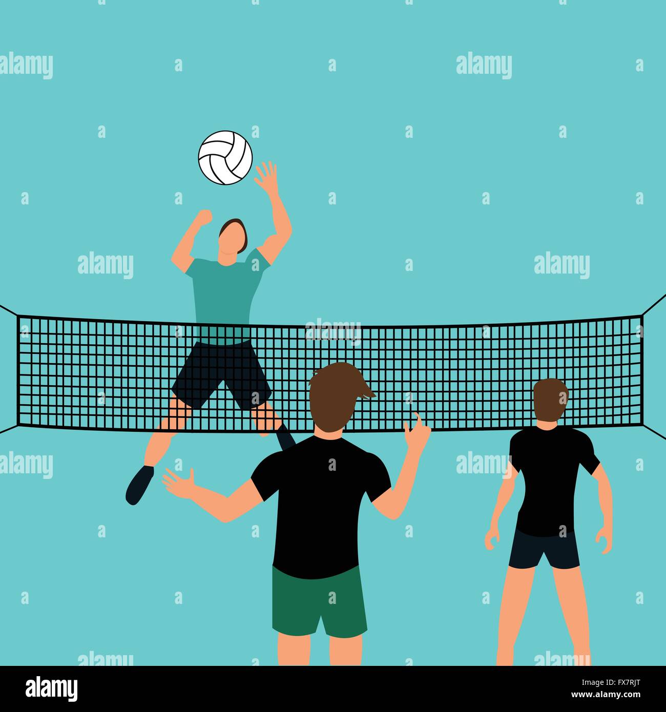 L'équipe de l'homme jouer volley ball en cour avec saut net sport défense smashing Illustration de Vecteur