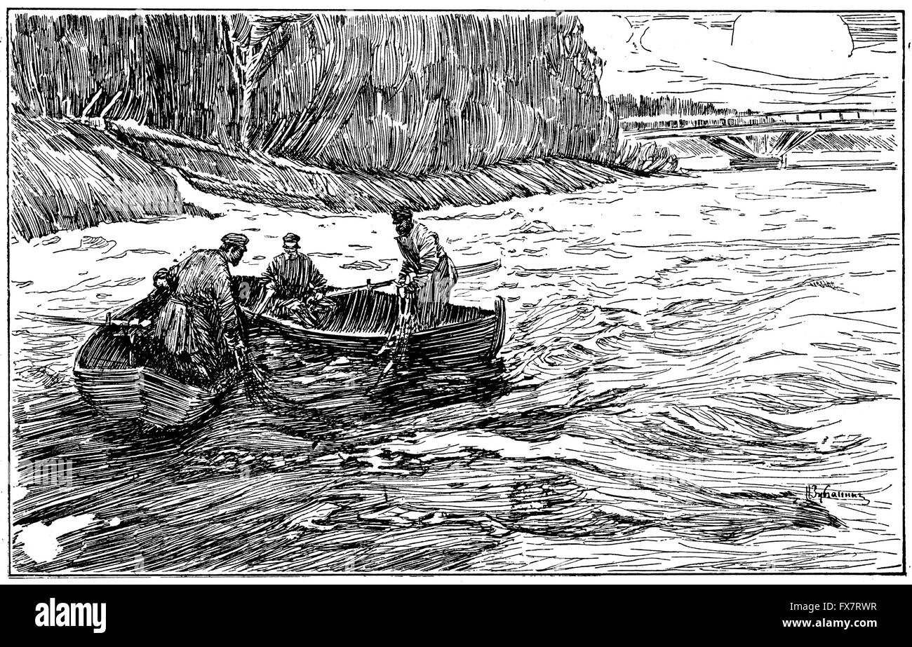 La pêche sur la rivière Sura près de Kivatch - une illustration de livre ancien "La Russie, l'ensemble de description géographique', Moscou, Russie, 1900. Zubanik Artiste Banque D'Images