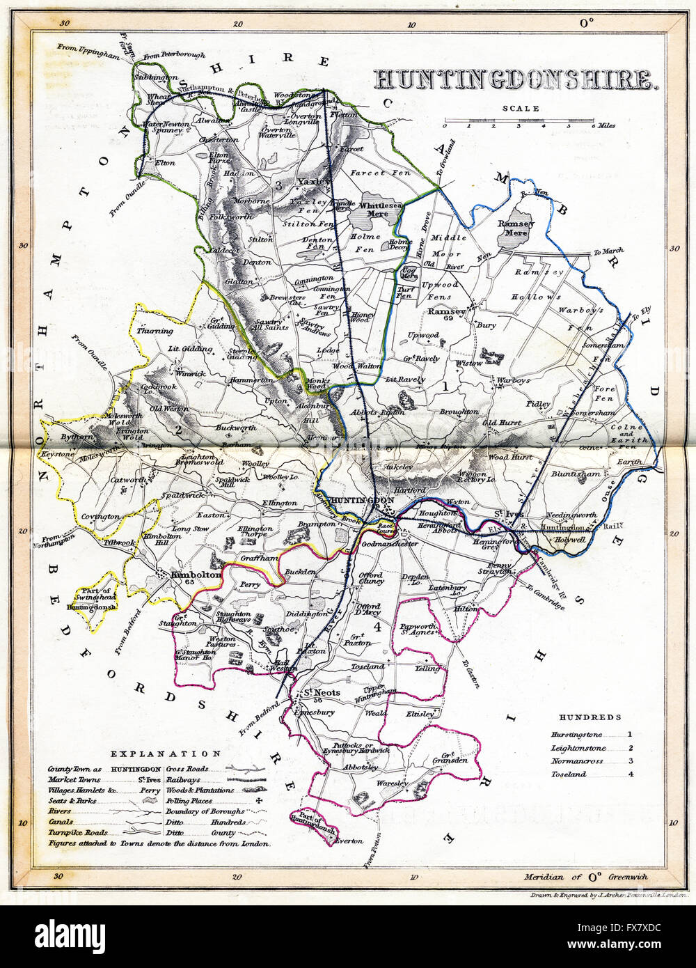 Une vieille carte en couleur de Huntingdonshire numérisées à haute résolution à partir d'un livre imprimé autour de 1845. Croyait libres de droit. Banque D'Images