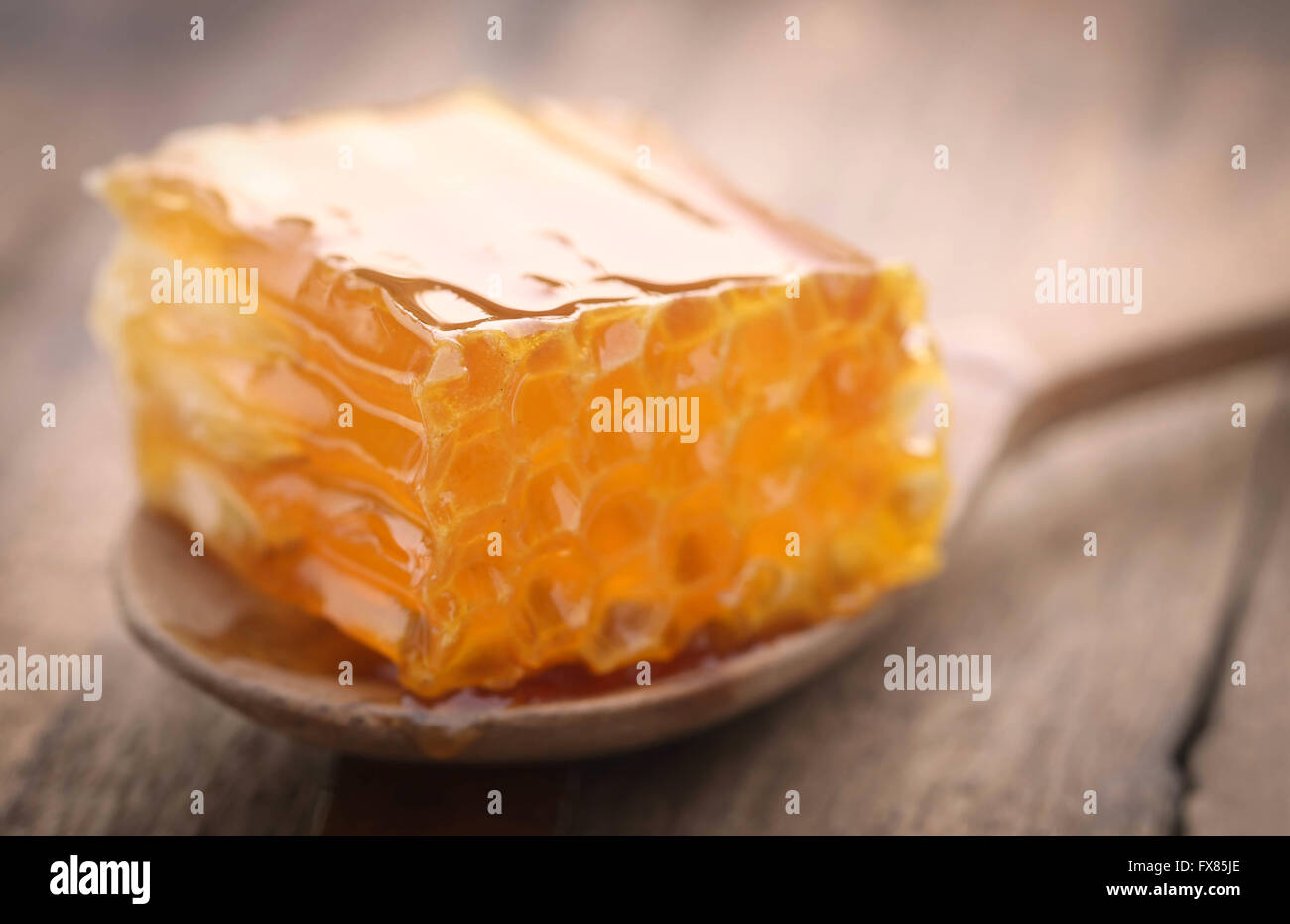 Gros plan du miel dans une cuillère en bois Banque D'Images