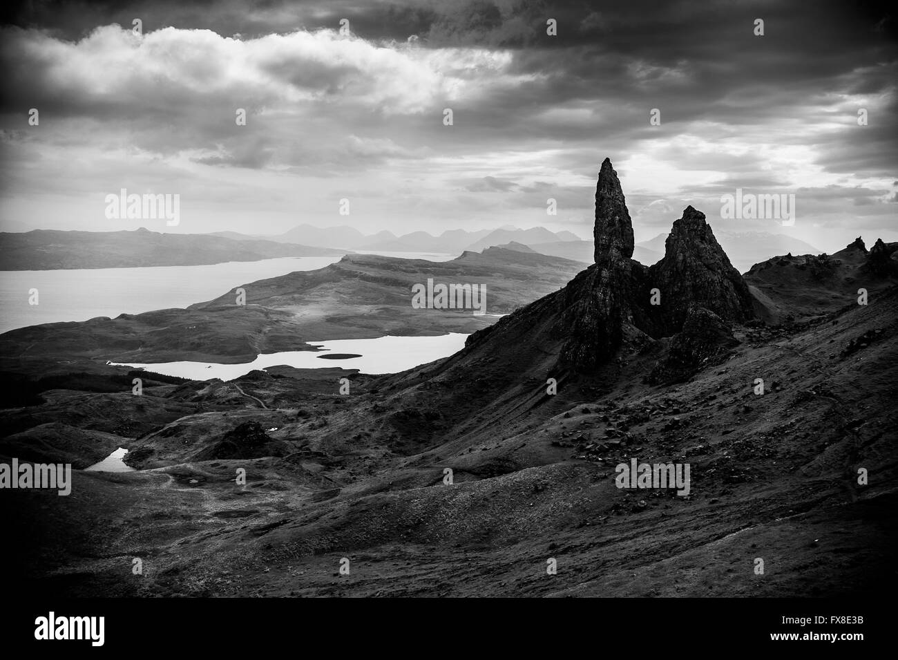 Le vieil homme de Storr- Ile de Skye. Paysage spectaculaire photographie noir et blanc. Banque D'Images
