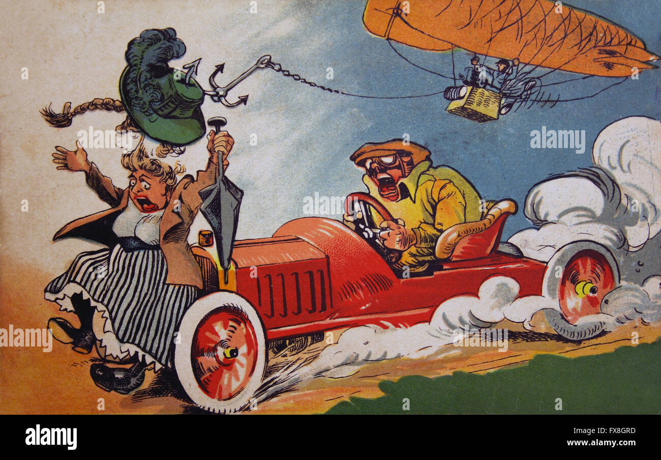 Carte postale imprimée en Russie montre image drôle - cris terrifiés de l'automobiliste du fait qu'une femme porte le bouclier capot est orienté d'airship, vers 1903 Banque D'Images
