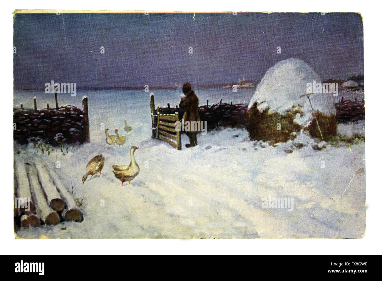 Carte postale imprimée en Russie montre M. Garmashev - chute de neige, vers 1909 Banque D'Images