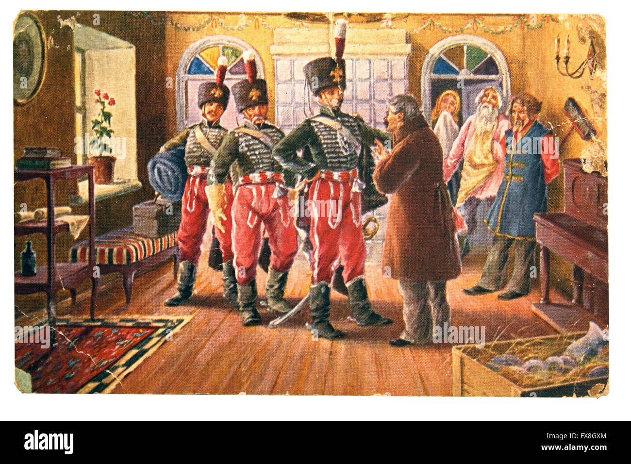 Une carte postale de l'impression en Suède montre trois hussards parler aux propriétaires fonciers dans l'arrière-plan, trois fonctionnaires, vers 1906 Banque D'Images