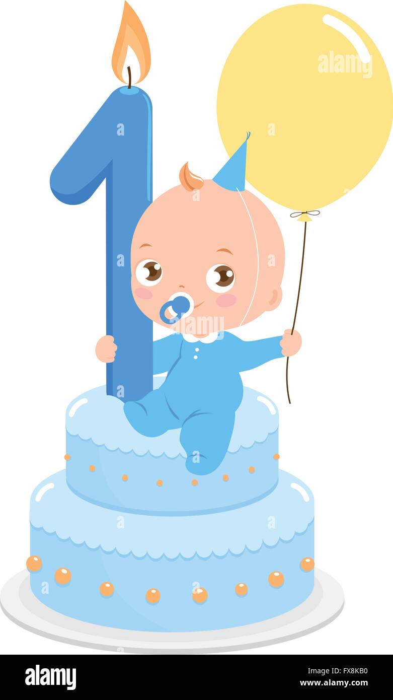 Petit Garcon Sur Un Gateau D Anniversaire Pour Celebrer Son Premier Anniversaire Tenant Un Ballon Image Vectorielle Stock Alamy