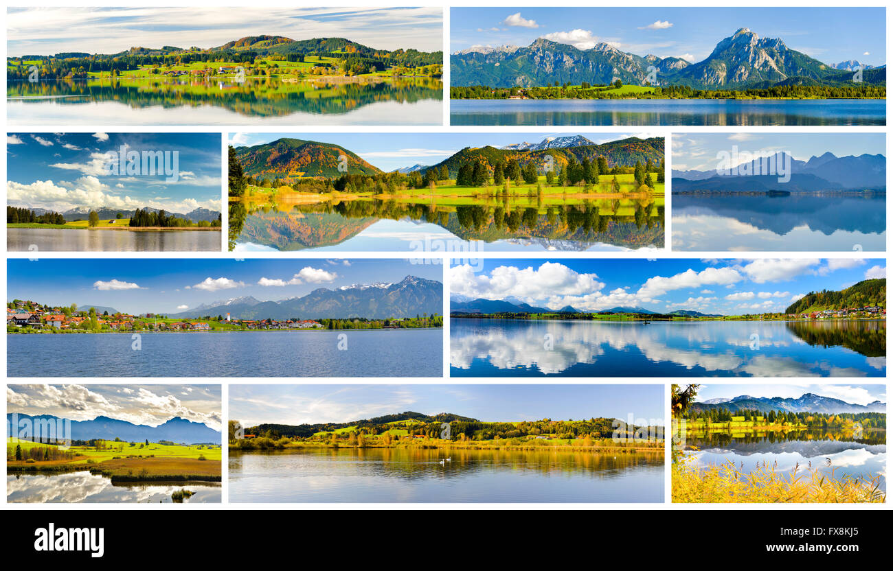 Collage de beau panorama paysage en Bavière avec les montagnes et les lacs Banque D'Images