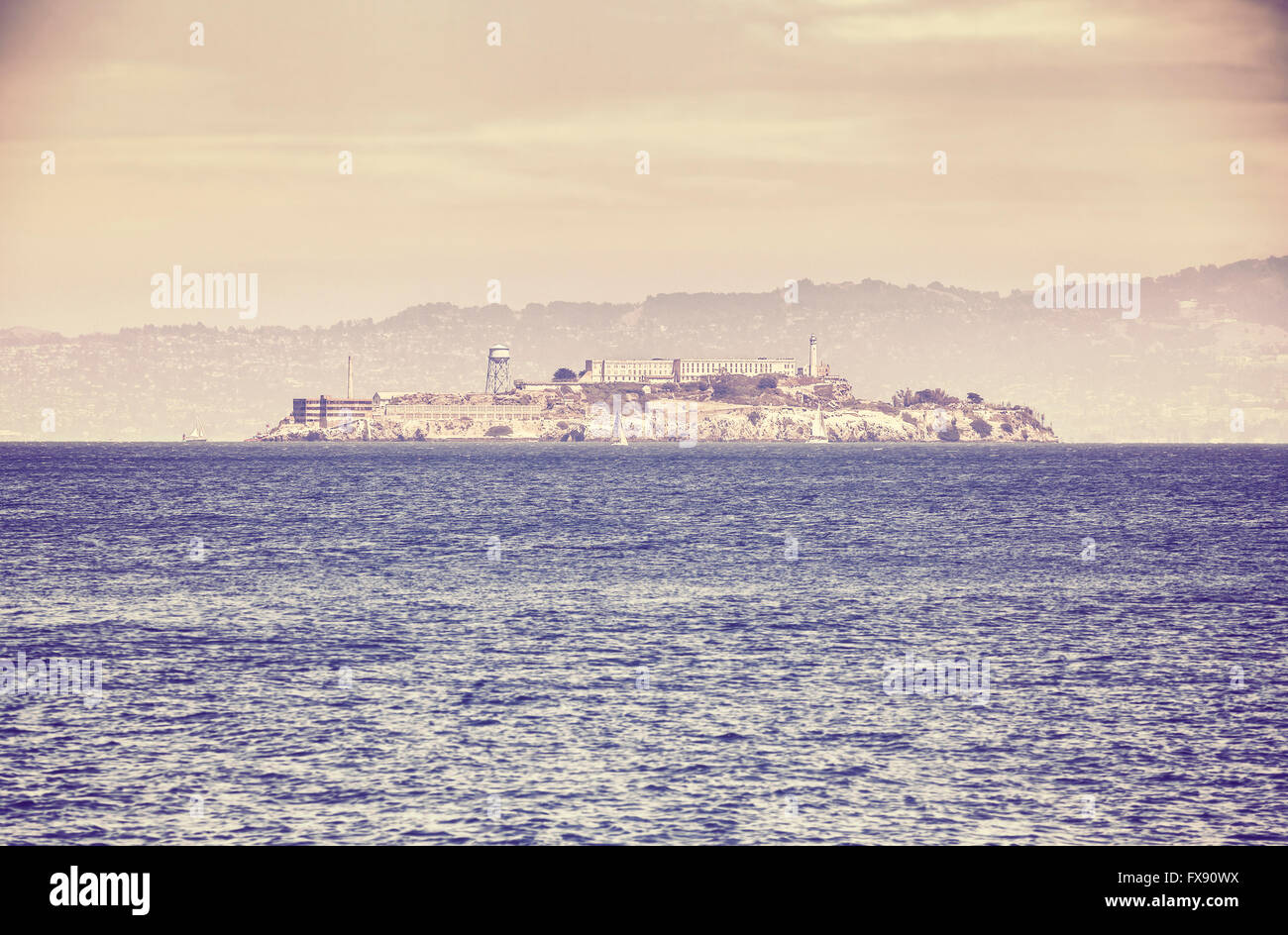 Vieux film rétro photo stylisée de l'île d'Alcatraz, San Francisco, USA. Banque D'Images