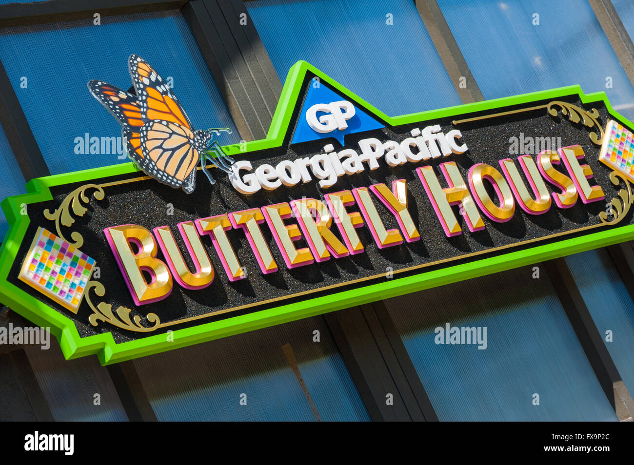 Affiches pour la Maison des papillons à l'honneur Heights Park Papilion de Muskogee, Oklahoma, USA. Banque D'Images