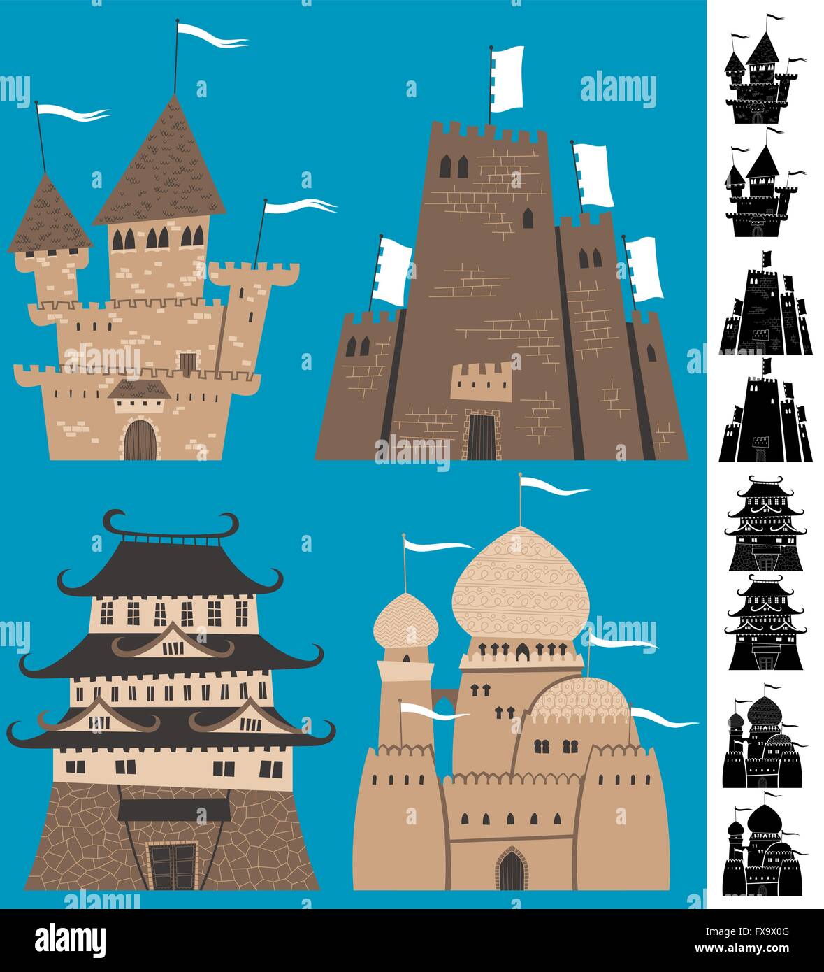 Ensemble de dessins de châteaux. Les versions de silhouette sont également inclus. Illustration de Vecteur